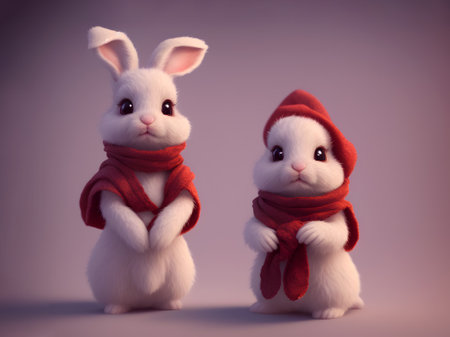 Cute little rabbits in a red scarf on a purple background. Valentine's day. Christmas. Generative AI technology.の素材