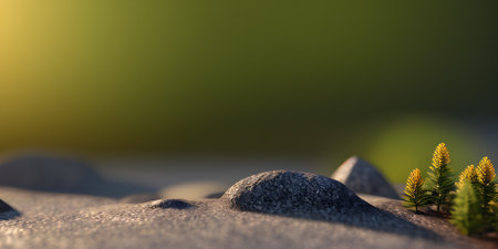 Pebbles and grass in the sunset light. 3d renderingの素材