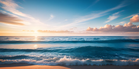 Beautiful seascape at sunset. Panoramic view of the sea and sandy beach. Beautyful background. Generative AI technology.の素材