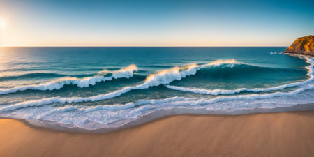 Beautiful seascape at sunset. Panoramic view of the sea and sandy beach. Beautyful background. Generative AI technology.の素材