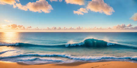 Beautiful seascape with wave on the beach at sunset. Beautiful seascape at sunset. Panoramic view of the sea and sandy beach. Beautyful background. Generative AI technology.の素材