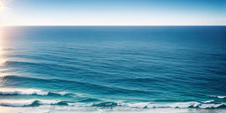 Beautiful seascape at sunset. Panoramic view of the sea and sandy beach. Beautyful background. Generative AI technology.の素材