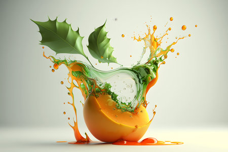 Orange juice splash with green leaves. 3d render, 3d illustration. Generative AI technology.の素材