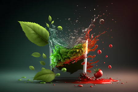 Colorful juice splash in glass with green leaves. 3d rendering. Generative AI technology.の素材