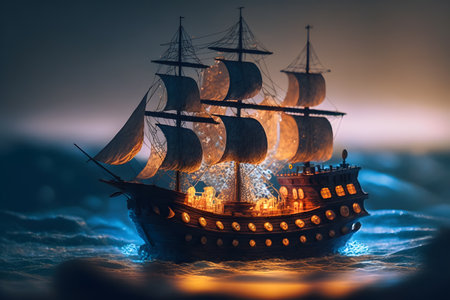 Sailing ship in the sea at night. Pirate ship on the sea at night. fantasy concept. 3D illustration. Generative AI technology.の素材
