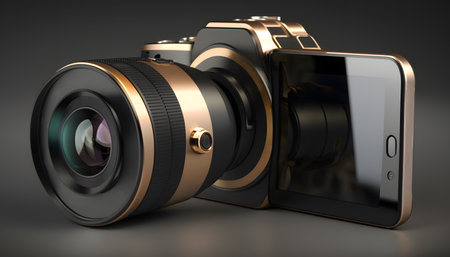 Smartphone with lens of professional camera. 3d rendering. Generative AI technology.の素材