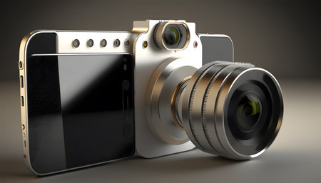 Smartphone with lens of professional camera. 3d rendering. Generative AI technology.の素材