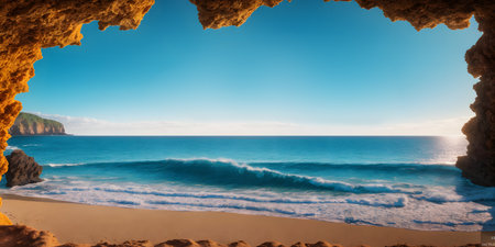 Beautiful view of the ocean from the cave of Algarve, Portugal. Beautiful seascape with waves at sunset. Nature composition. Seascape. Generative AI technology.の素材