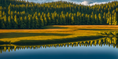 Reflection of pine trees in the lake. Panoramic view. Beautiful summer landscape. Generative AI technology.の素材