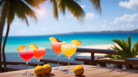 Cocktails on a tropical beach with palm trees and turquoise water. Summer vacation concept. Teasty cocktail. Beautyful background. Generative AI technology.の素材