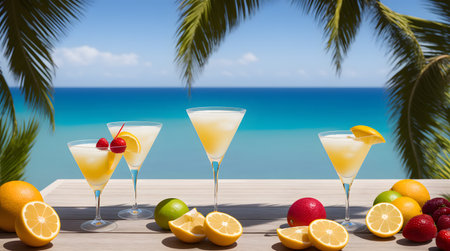Cocktails on a tropical beach with palm trees and turquoise water. Summer vacation concept. Teasty cocktail. Beautyful background. Generative AI technology.の素材
