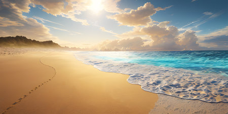 Beautiful seascape at sunset. Panoramic view of the sea and sandy beach. Beautyful background. Sea wave with foam. Beautiful ocean waves. Generative AI technology.の素材