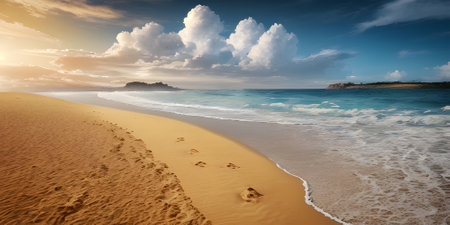 Beautiful seascape at sunset. Panoramic view of the sea and sandy beach. Beautyful background. Sea wave with foam. Beautiful ocean waves. Generative AI technology.の素材