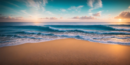Beautiful seascape at sunset. Panoramic view of the sea and sandy beach. Beautyful background. Sea wave with foam. Beautiful ocean waves. Generative AI technology.の素材