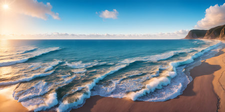 Beautiful seascape at sunset. Panoramic view of the sea and sandy beach. Beautyful background. Sea wave with foam. Beautiful ocean waves. Generative AI technology.の素材