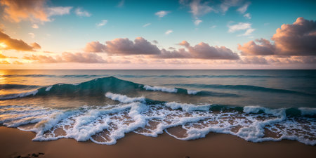 Beautiful seascape at sunset. Panoramic view of the sea and sandy beach. Beautyful background. Sea wave with foam. Beautiful ocean waves. Generative AI technology.の素材