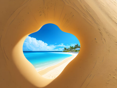 Beautiful seascape at sunset. Panoramic view of the sea and sandy beach. Beautyful background. Sea wave with foam. Beautiful ocean waves. Generative AI technology.の素材