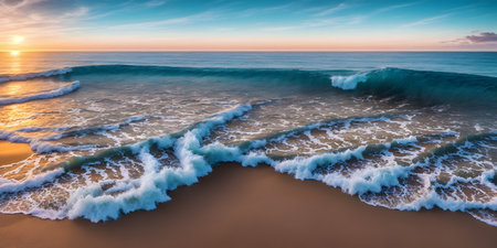 Beautiful seascape at sunset. Panoramic view of the sea and sandy beach. Beautyful background. Sea wave with foam. Beautiful ocean waves. Generative AI technology.の素材