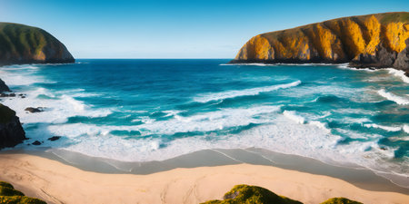 Beautiful seascape. Panoramic view of the sea and sandy beach. Beautyful background. Sea wave with foam. Beautiful ocean waves. Generative AI technology.の素材