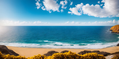 Beautiful seascape. Panoramic view of the sea and sandy beach. Beautyful background. Sea wave with foam. Beautiful ocean waves. Generative AI technology.の素材