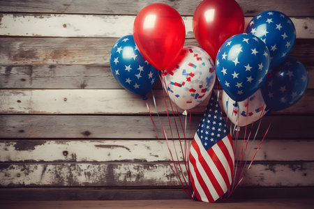 Red, white and blue balloons with american flag on wooden backgroundの素材