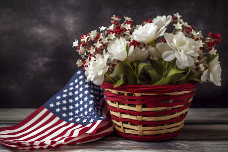 Bouquet of white and red flowers in a wicker basket and American flag on a dark backgroundの素材