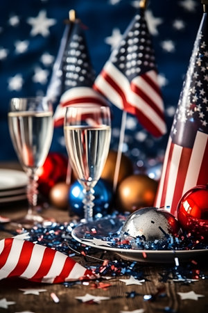 Table setting with glasses of champagne and Christmas decorations on wooden background.の素材