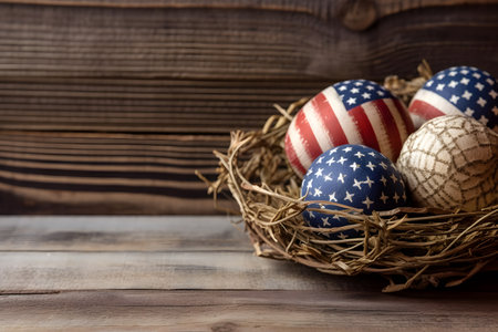 American flag in a nest on a wooden background. Independence Day.の素材