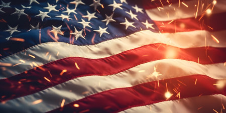 American flag with sparklers and copy space. 3D rendering.の素材