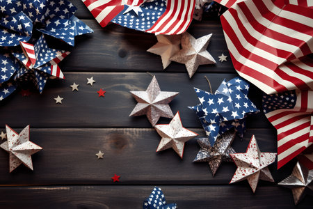 4th of july independence day. American flag and stars on wooden backgroundの素材