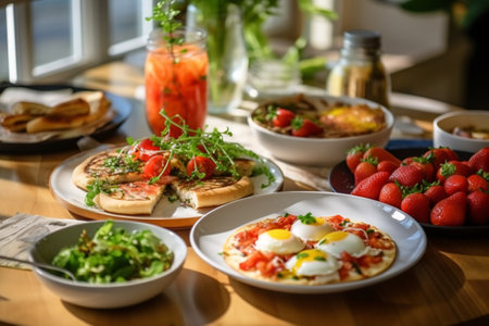 Breakfast in the morning with eggs, pancakes, tomatoes and saladの素材