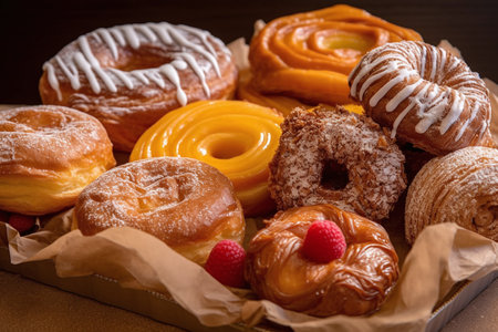 Assortment of donuts in a box on a wooden background.の素材