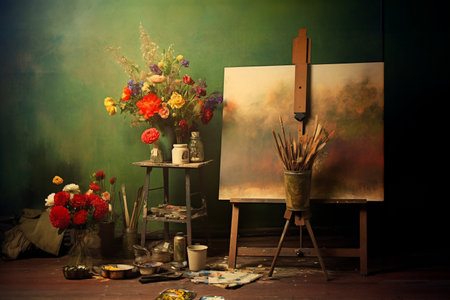 Artistic still life with oil paints, palette, brushes and flowersの素材
