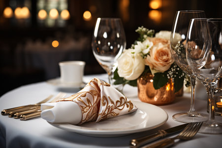 Elegant table setting in white beige tones ready for the arrival of guests. Table set for an event party or wedding reception. Centerpiece flower. Generative AI technology.の素材