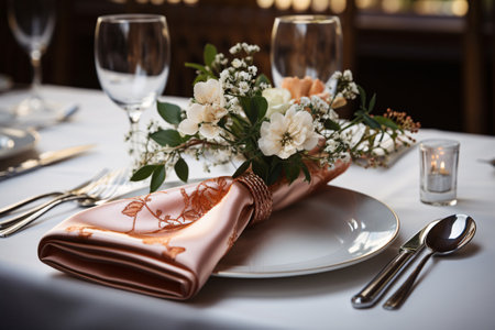 Elegant table setting in white and pink tones ready for the arrival of guests. Table set for an event party or wedding reception. Centerpiece flower. Generative AI technology.の素材