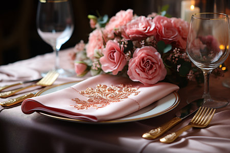 Elegant table setting in white and pink tones ready for the arrival of guests. Table set for an event party or wedding reception. Centerpiece flower. Generative AI technology.の素材