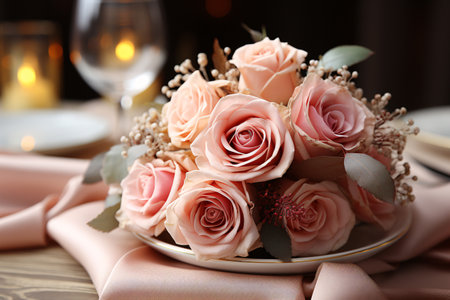 Elegant table setting in white and pink tones ready for the arrival of guests. Table set for an event party or wedding reception. Centerpiece flower. Generative AI technology.の素材