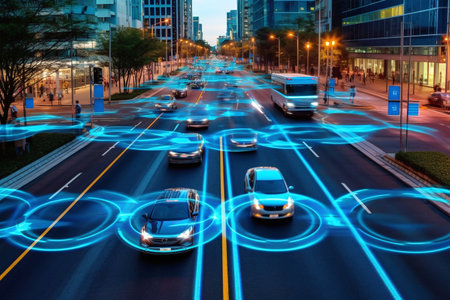 Car traffic on the road with blue light in the city at nightの素材