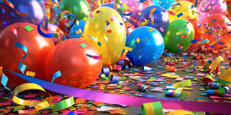 Party decoration. Bunch of blue and gold balloons with ribbons on bokeh background. Confetti. Generative AI technologyの素材