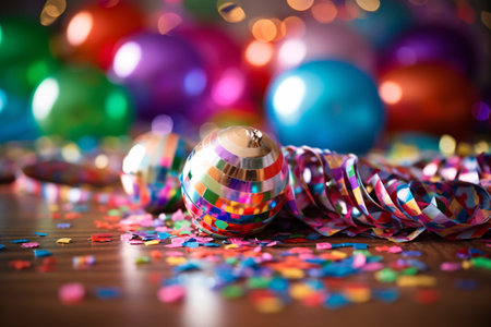 Party decoration. Bunch of blue and gold balloons with ribbons on bokeh background. Confetti. Generative AI technologyの素材