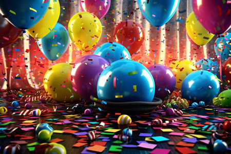 Party decoration. Bunch of blue and gold balloons with ribbons on bokeh background. Confetti. Generative AI technologyの素材