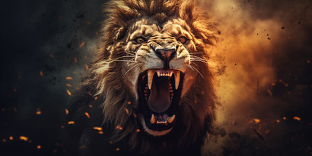Angry lion roaring in the dark with fire and smoke around himの素材