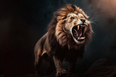 An angry lion with an open mouth. expression of anger. Portrait of a big male lion with open mouth on a dark background. Generative AI technologyの素材