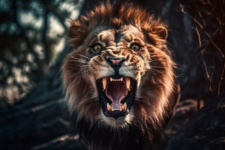 An angry lion with an open mouth. expression of anger. Portrait of a big male lion with open mouth on a dark background. Generative AI technologyの素材