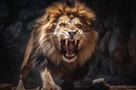 An angry lion with an open mouth. expression of anger. Portrait of a big male lion with open mouth on a dark background. Generative AI technologyの素材