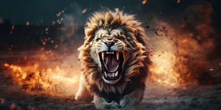 Angry big male lion running in the fire. 3d renderingの素材