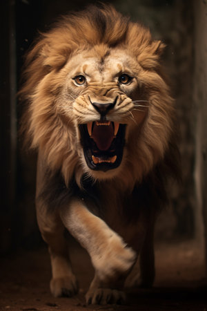 An angry lion with an open mouth. expression of anger. Portrait of a big male lion with open mouth on a dark background. Generative AI technologyの素材
