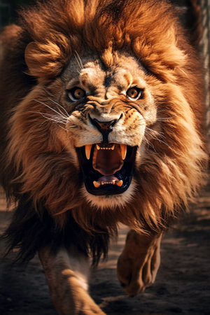 An angry lion with an open mouth. expression of anger. Portrait of a big male lion with open mouth on a dark background. Generative AI technologyの素材