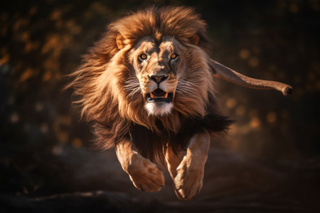 An angry lion with an open mouth. expression of anger. Portrait of a big male lion with open mouth on a dark background. Generative AI technologyの素材