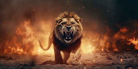 An angry lion with an open mouth. expression of anger. Portrait of a big male lion with open mouth on a dark background. Generative AI technologyの素材